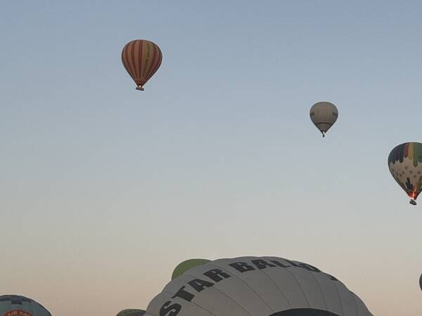 Hot air balloons in the morning sky over Luxor